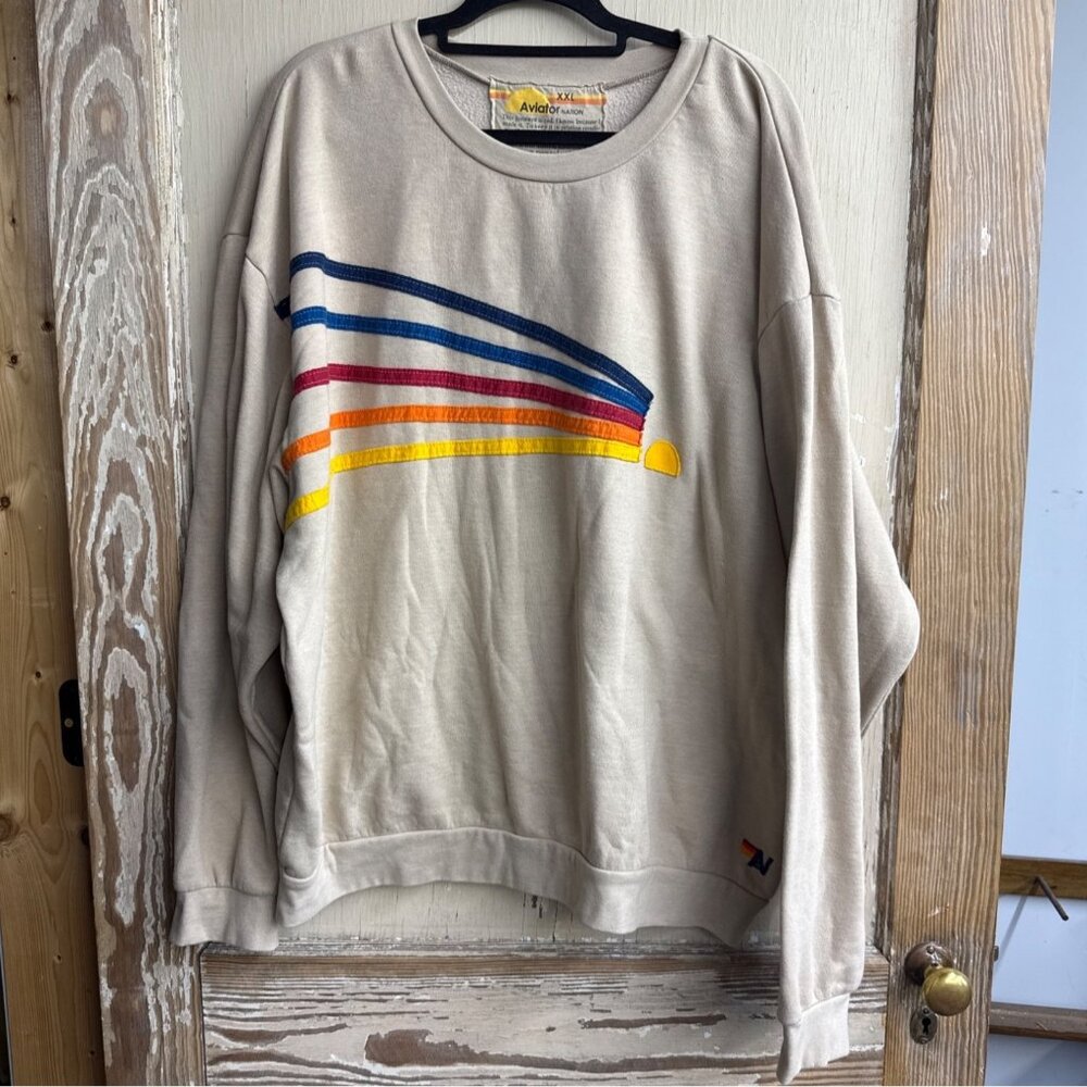 Aviator Nation Daydream Beige Crewneck Sweatshirt XXL Made In USA With Rainbow